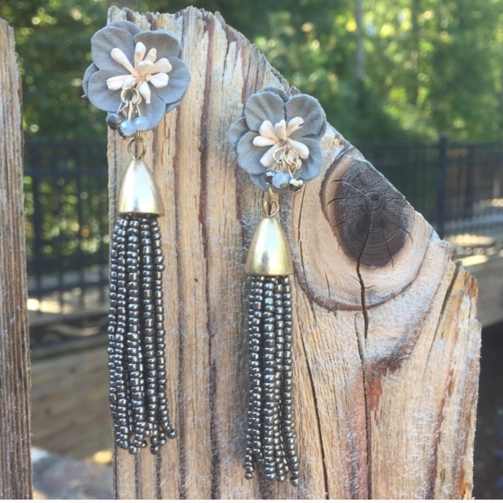 Fabric Flower Post Beaded Tassel Post Earrings